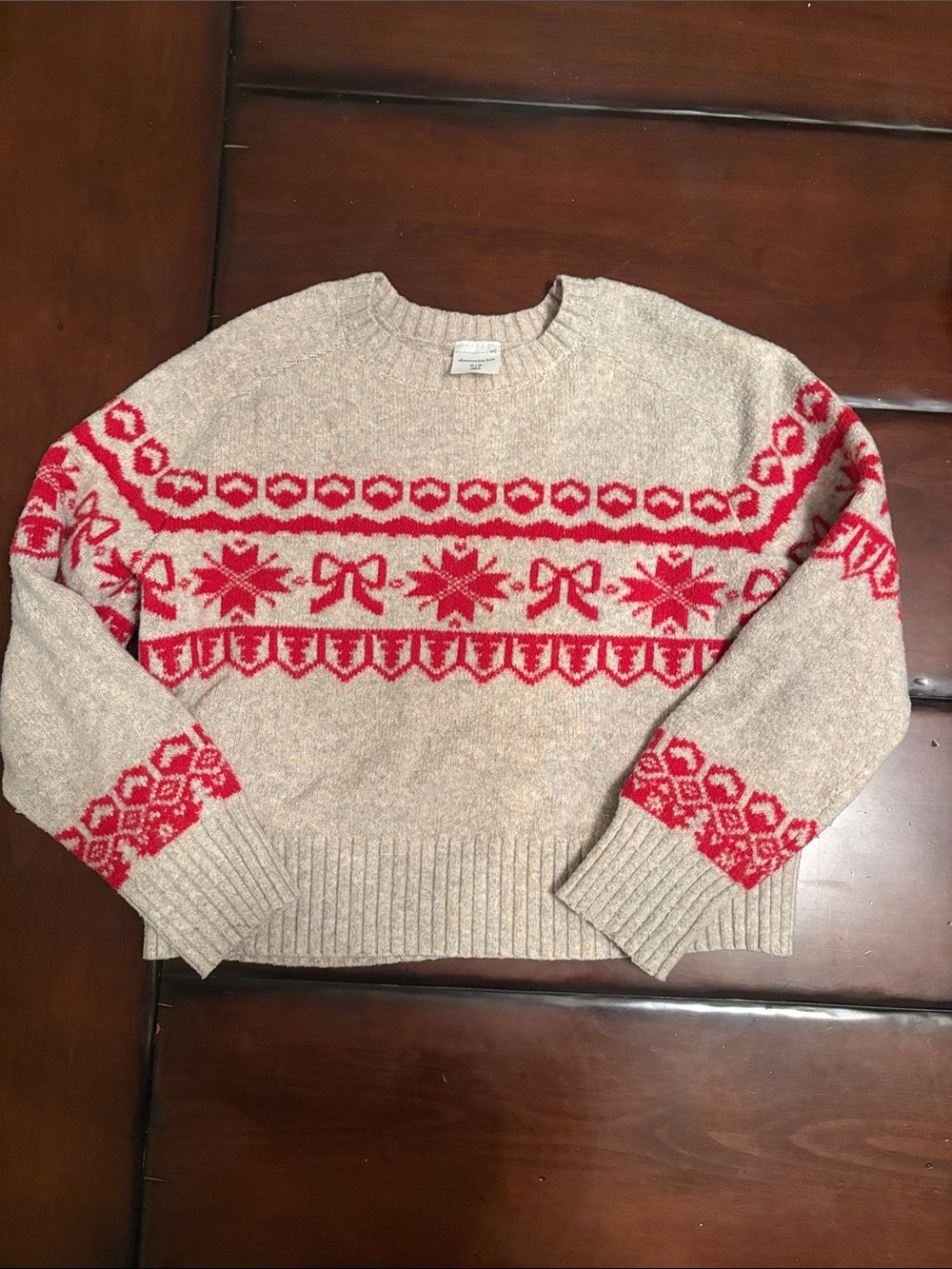 abercrombie kids Beige Crewneck Sweater with Red Fair Isle Motif